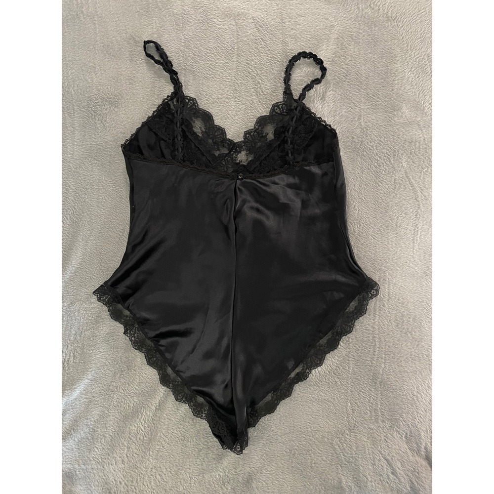 Jewels by SLT Black Lace Trim Satin Teddy Bodysuit Lingerie Size S Style J9485